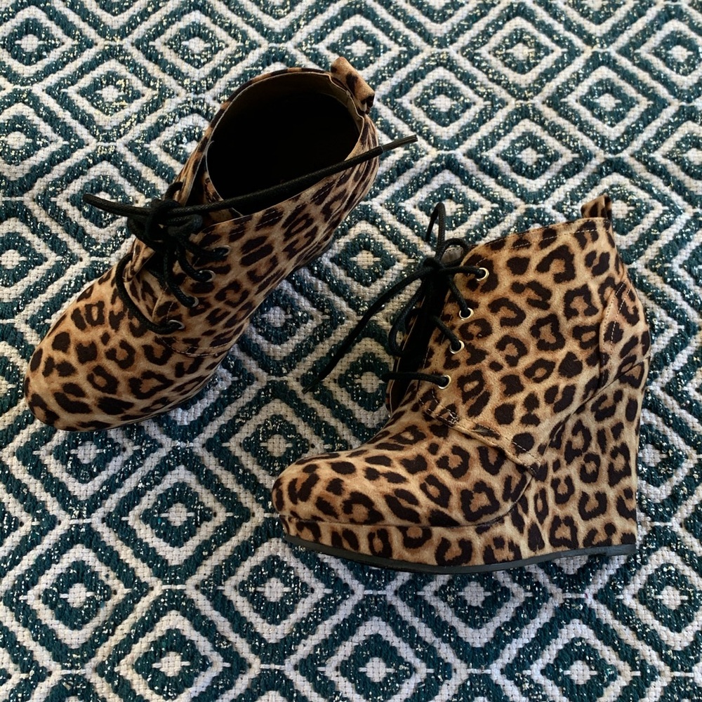 Leopard wedge booties